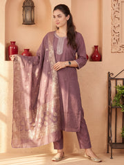 Mauve Embroidered Straight Kurta Trousers With Dupatta Set