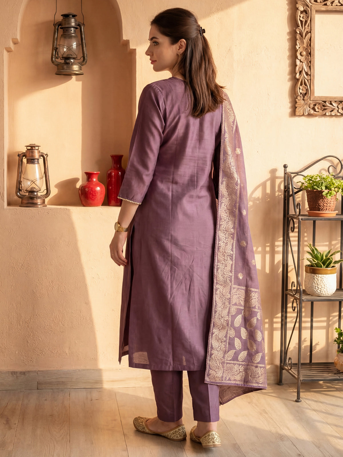 Mauve Embroidered Straight Kurta Trousers With Dupatta Set