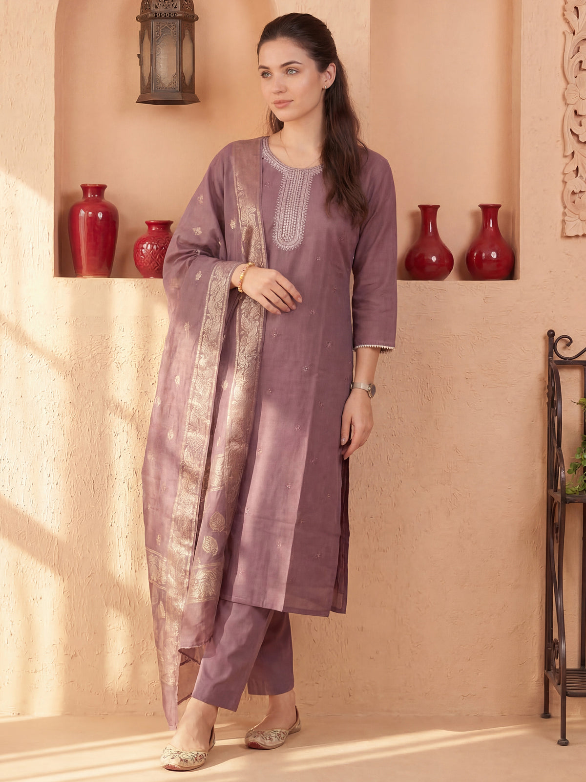 Mauve Embroidered Straight Kurta Trousers With Dupatta Set