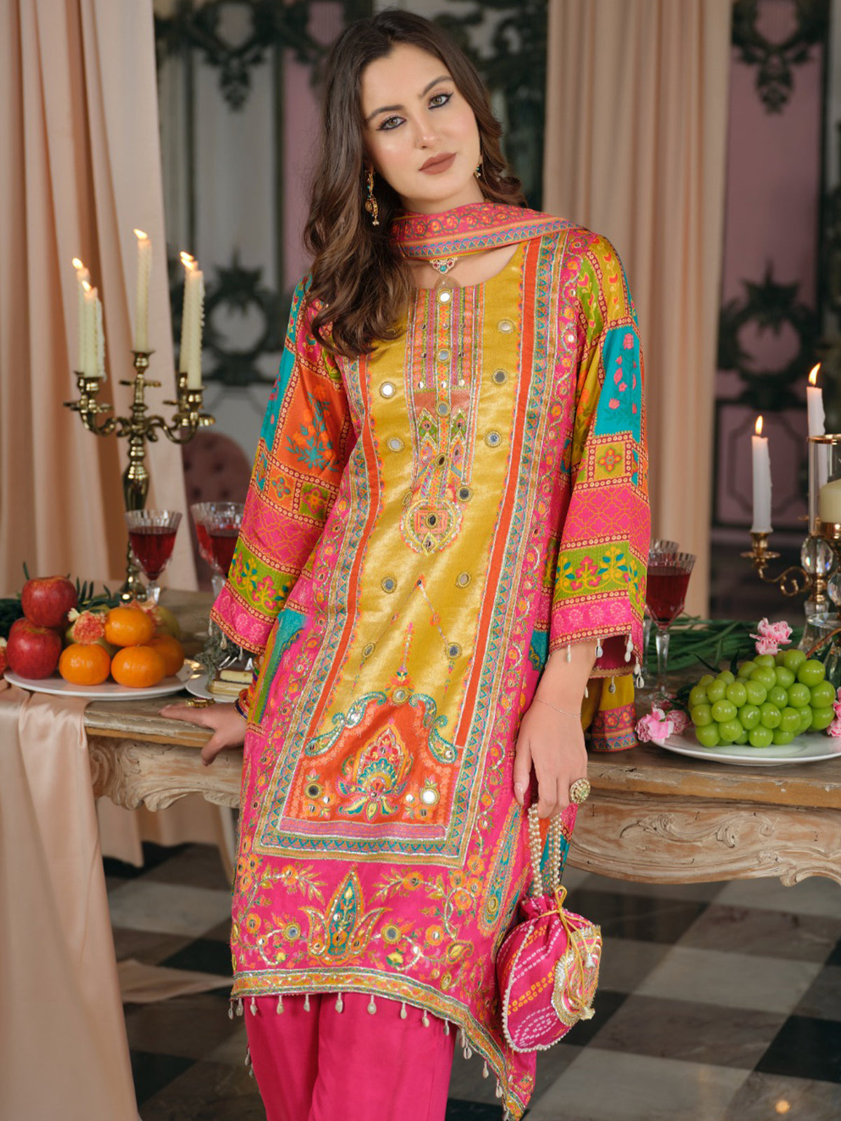 Multi Printed A-Line Kurta Palazzos With Dupatta Set