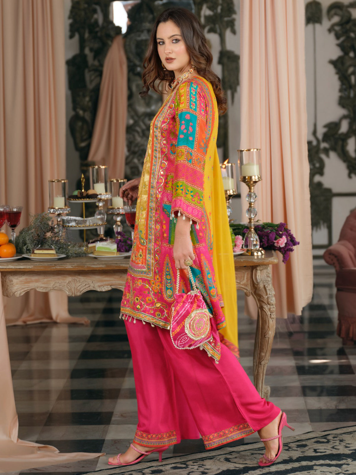Multi Printed A-Line Kurta Palazzos With Dupatta Set