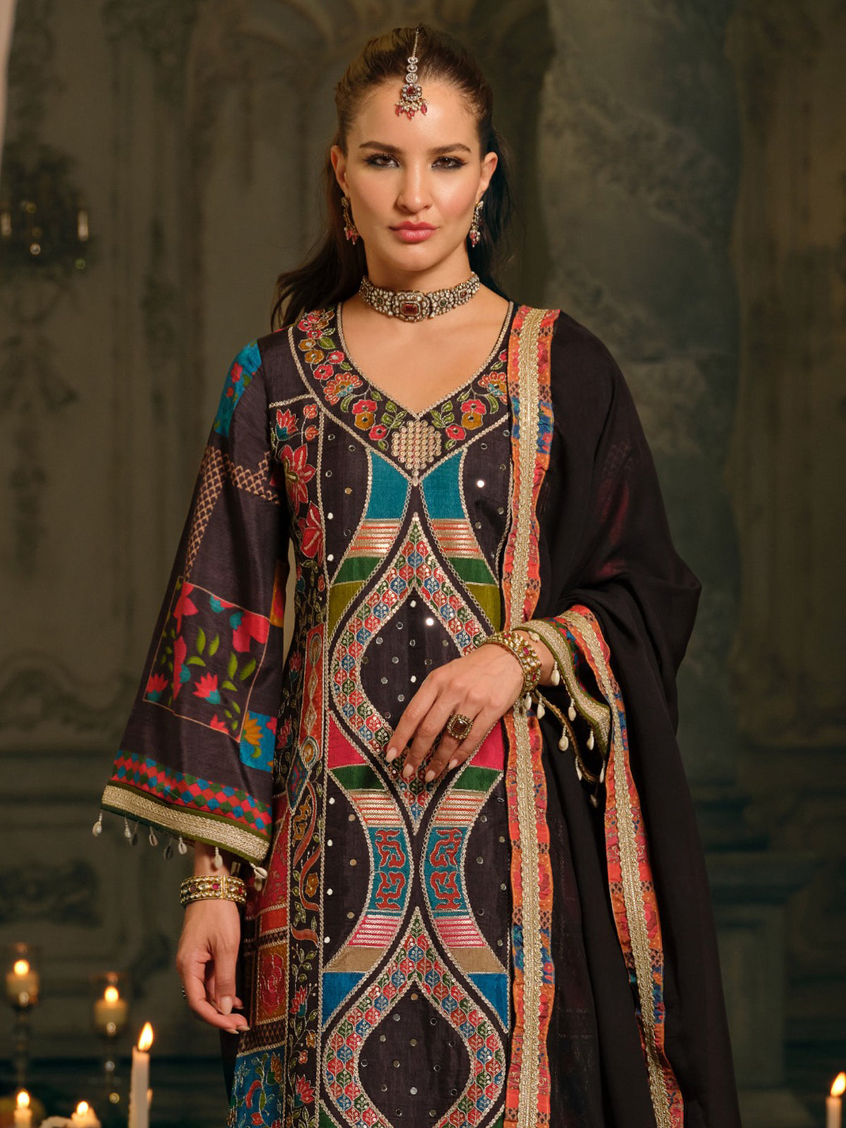 Multi Printed A-Line Kurta Palazzos With Dupatta Set