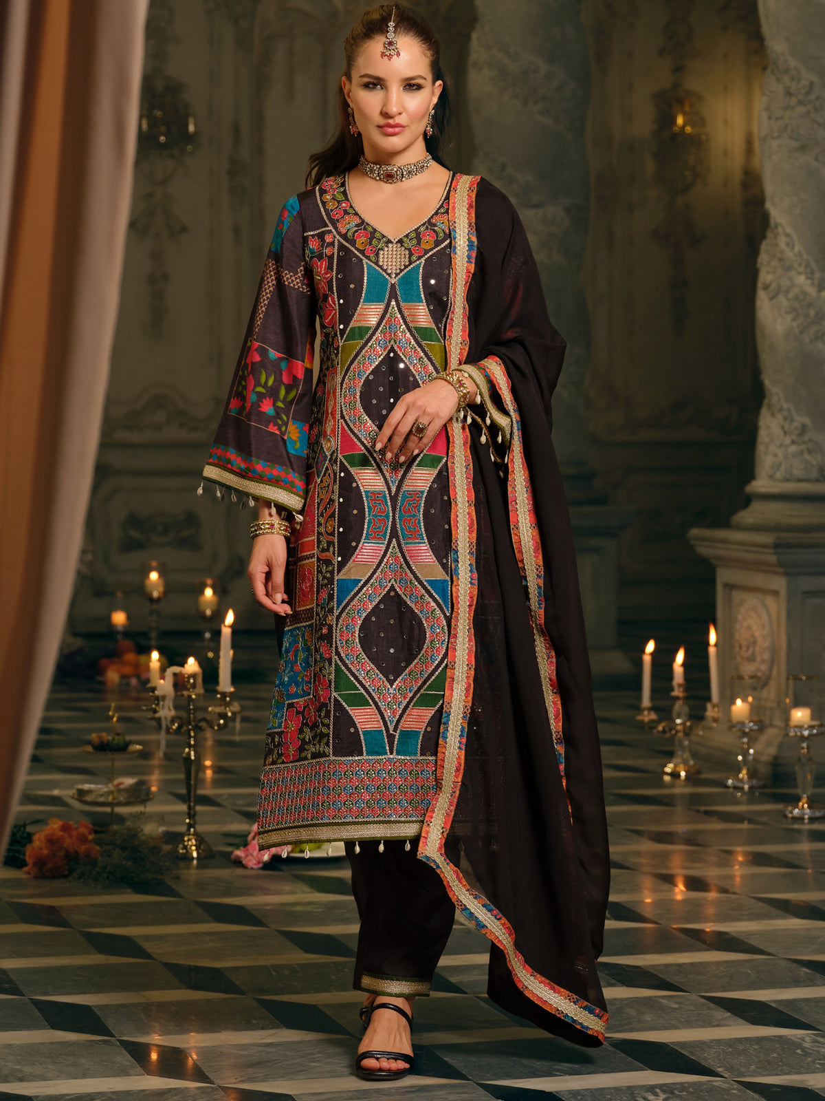 Multi Printed A-Line Kurta Palazzos With Dupatta Set