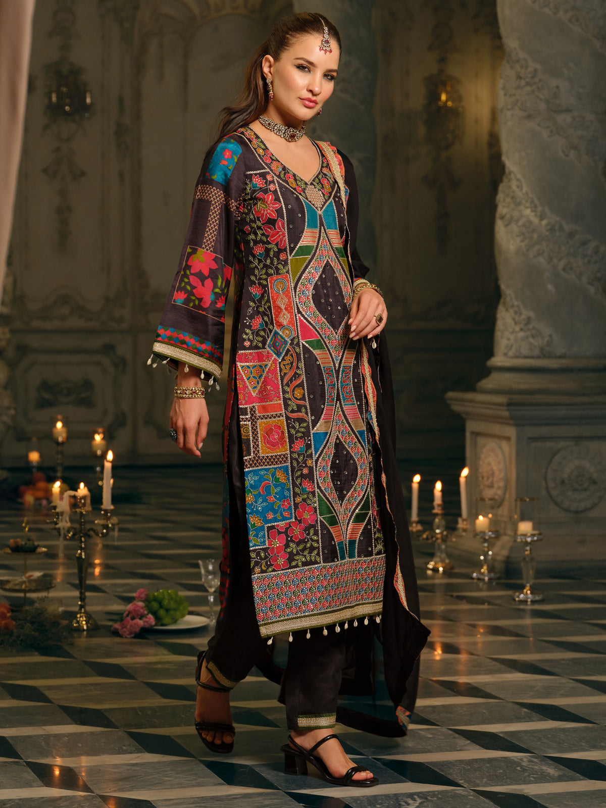 Multi Printed A-Line Kurta Palazzos With Dupatta Set