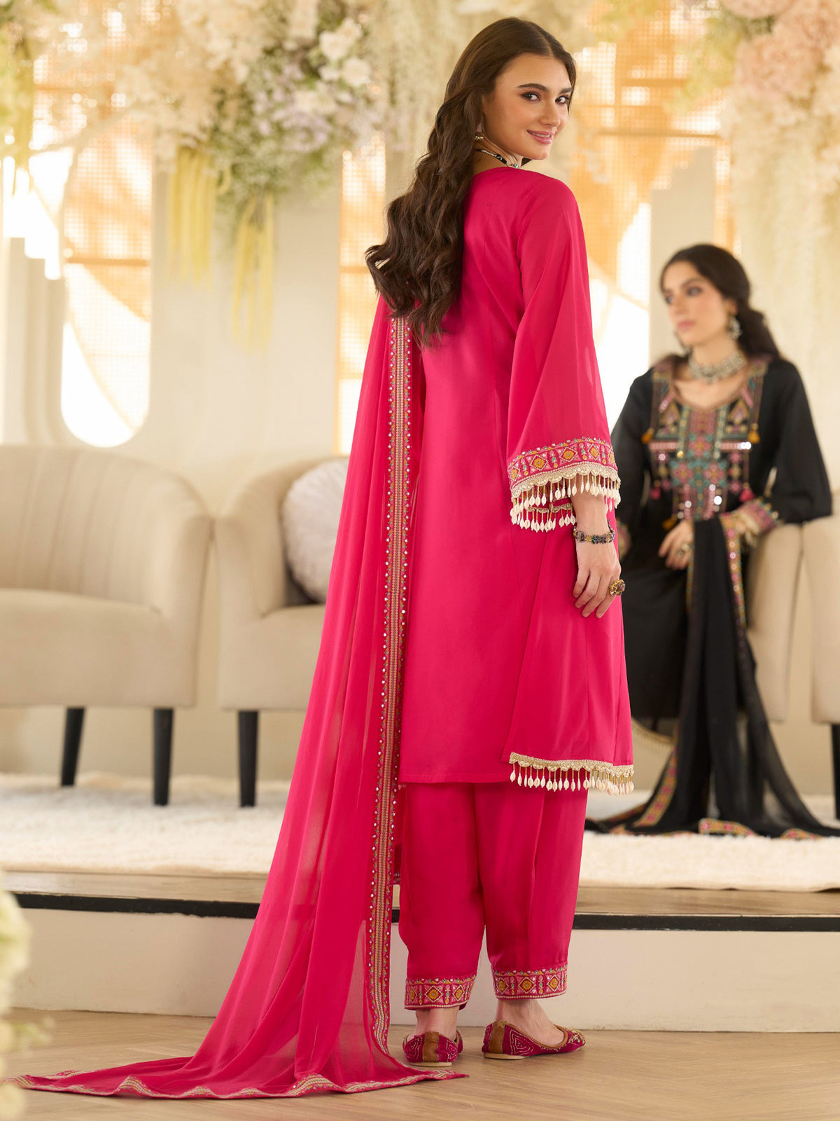 Pink Embroidered A-Line Kurta Salwar With Dupatta Set