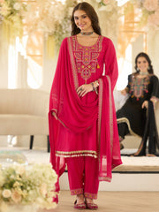 Pink Embroidered A-Line Kurta Salwar With Dupatta Set