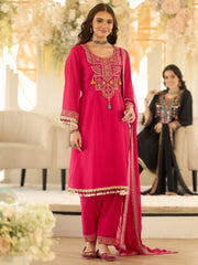 Pink Embroidered A-Line Kurta Salwar With Dupatta Set