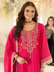 Pink Embroidered A-Line Kurta Salwar With Dupatta Set