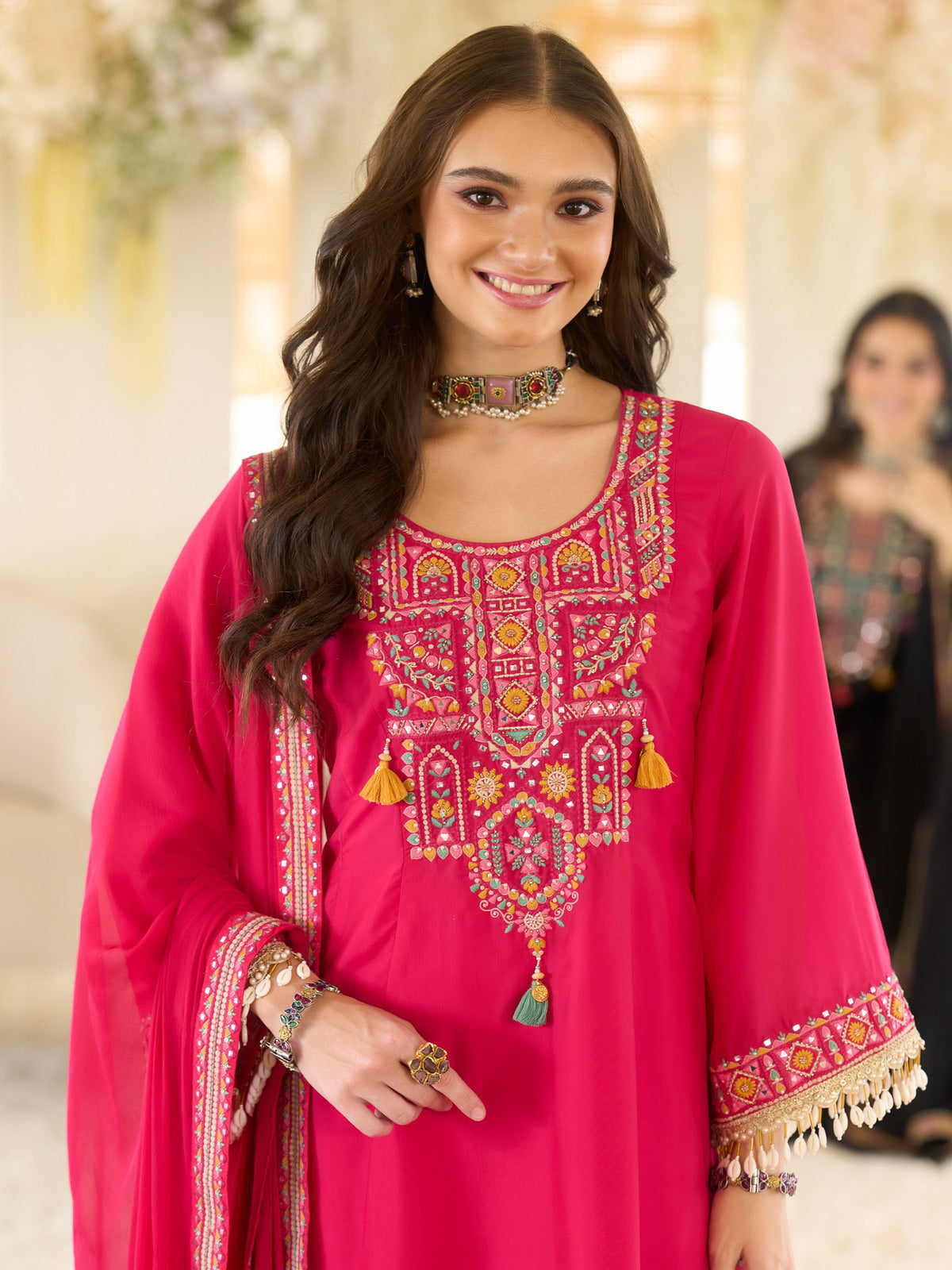 Pink Embroidered A-Line Kurta Salwar With Dupatta Set