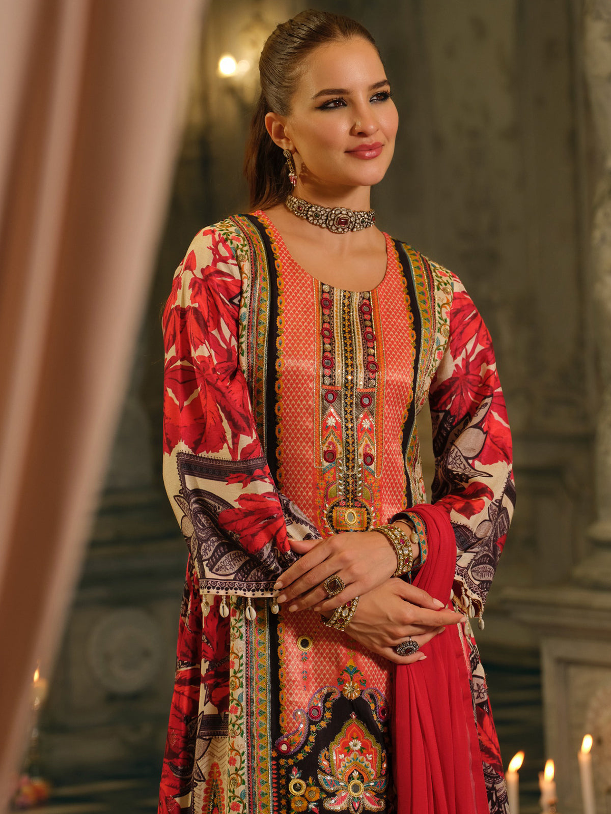 Multi Printed A-Line Kurta Palazzos With Dupatta Set