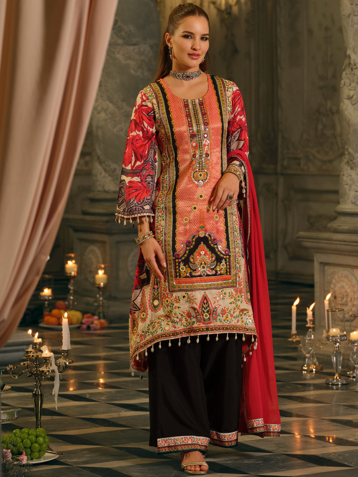 Multi Printed A-Line Kurta Palazzos With Dupatta Set