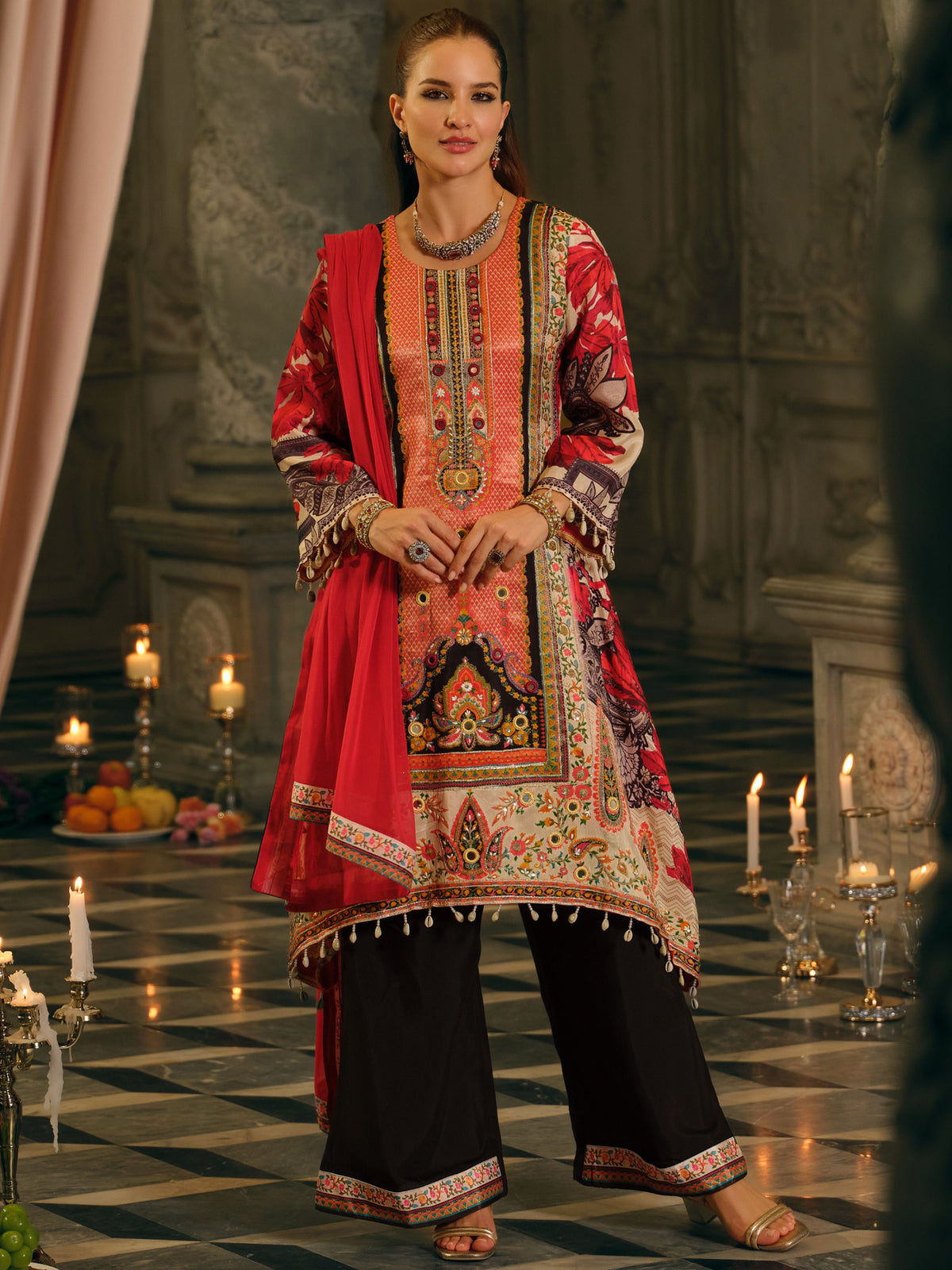 Multi Printed A-Line Kurta Palazzos With Dupatta Set