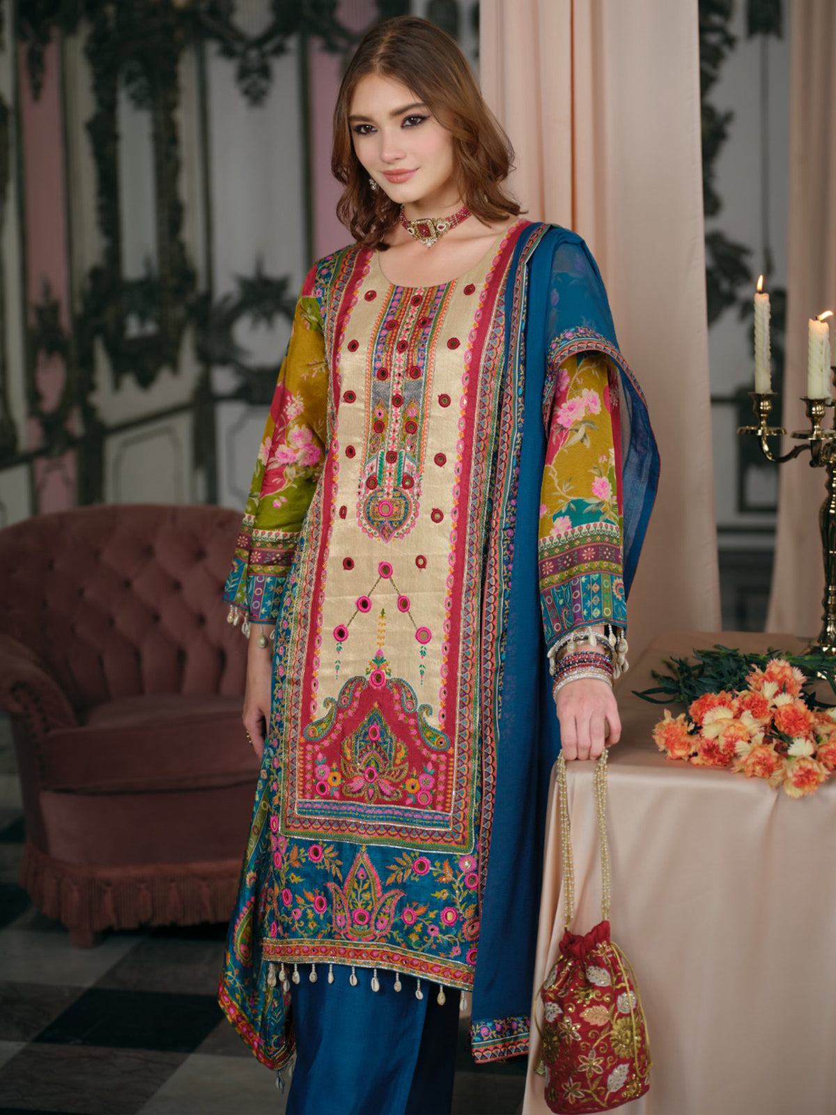 Multi Printed A-Line Kurta Palazzos With Dupatta Set