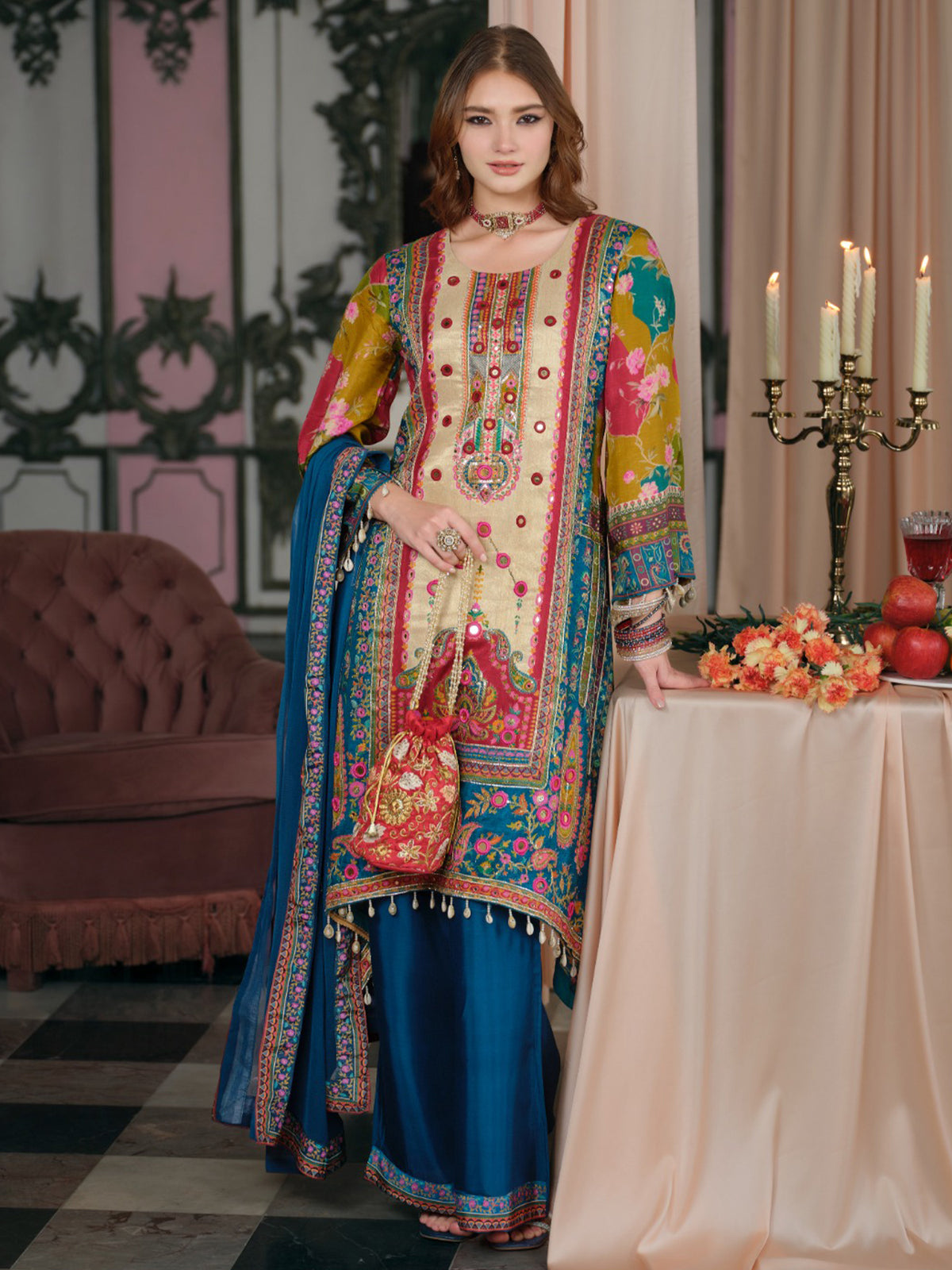 Multi Printed A-Line Kurta Palazzos With Dupatta Set