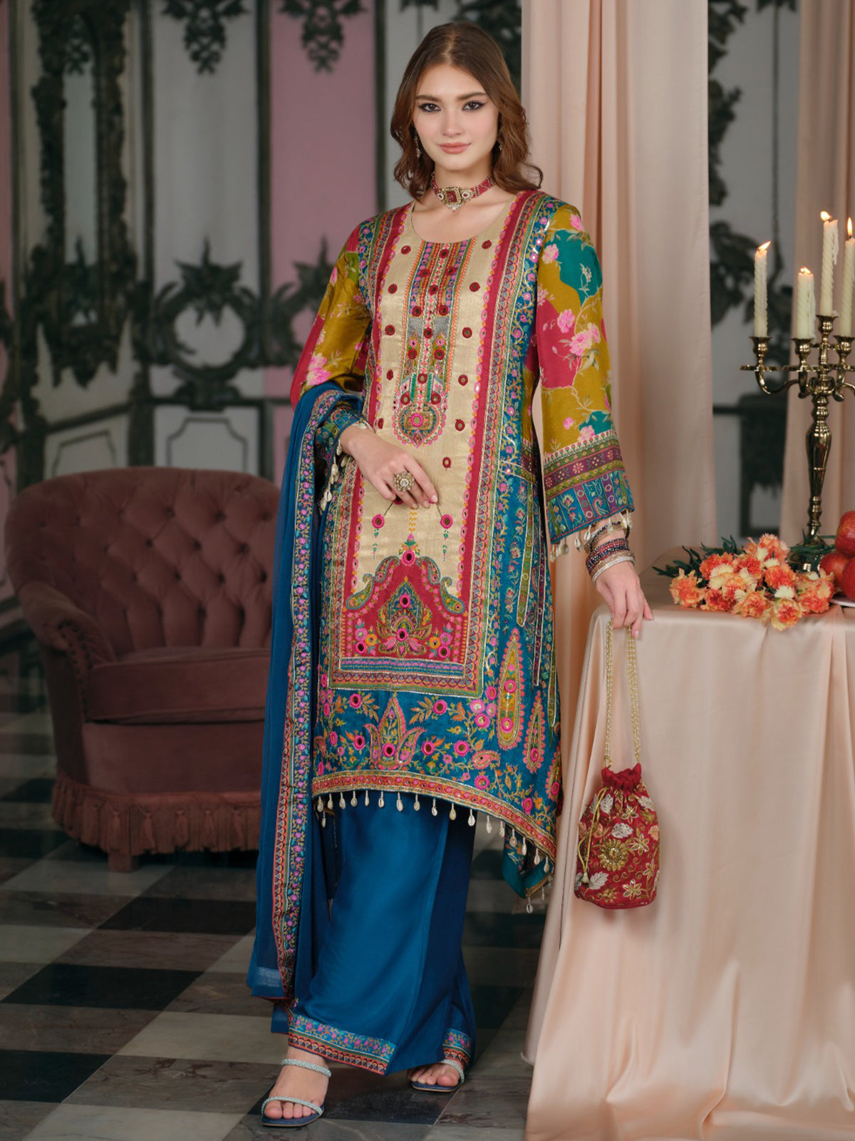 Multi Printed A-Line Kurta Palazzos With Dupatta Set