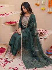 Green Embroidered Straight Kurta Trousers With Dupatta Set