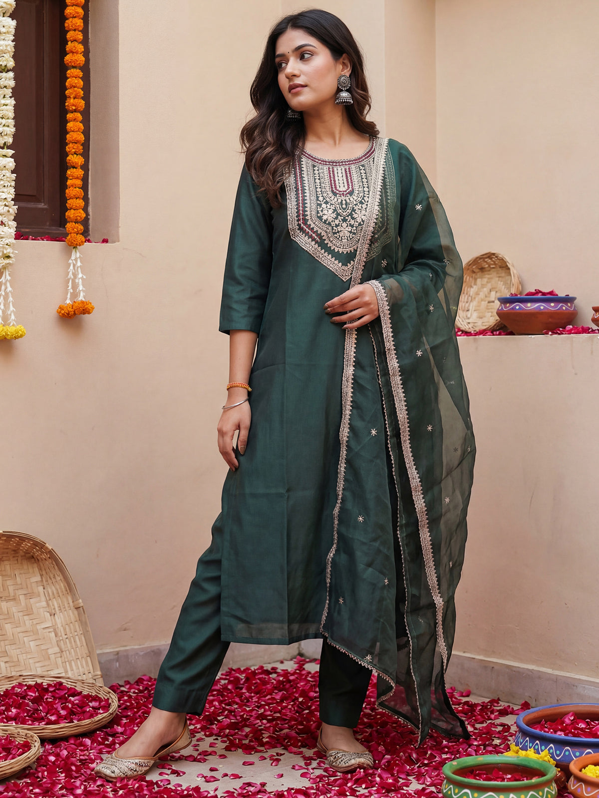 Green Embroidered Straight Kurta Trousers With Dupatta Set