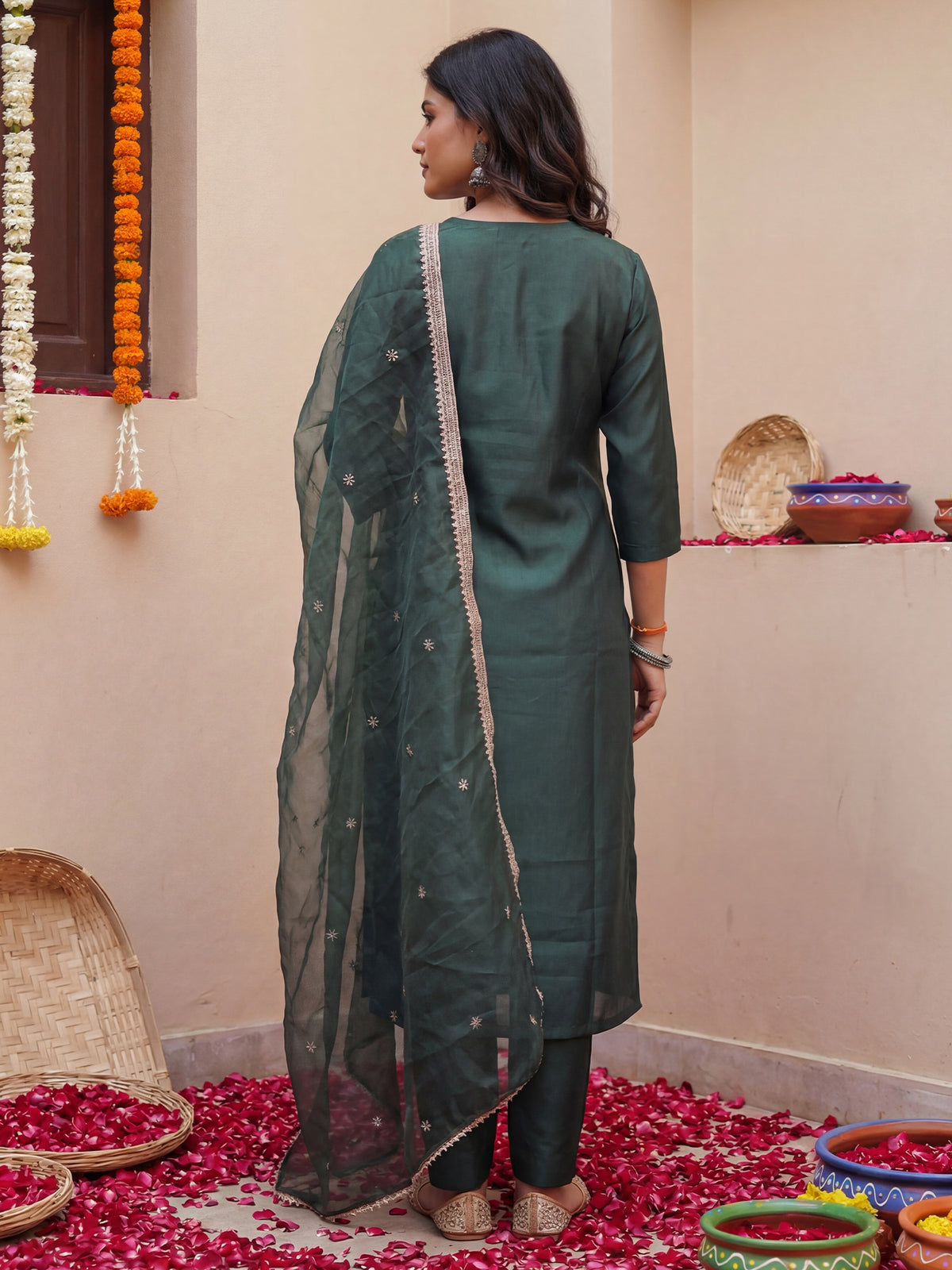 Green Embroidered Straight Kurta Trousers With Dupatta Set