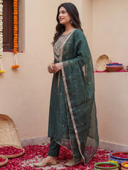 Green Embroidered Straight Kurta Trousers With Dupatta Set