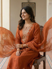 Rust Embroidered Straight Kurta Trousers With Dupatta Set