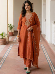 Rust Embroidered Straight Kurta Trousers With Dupatta Set