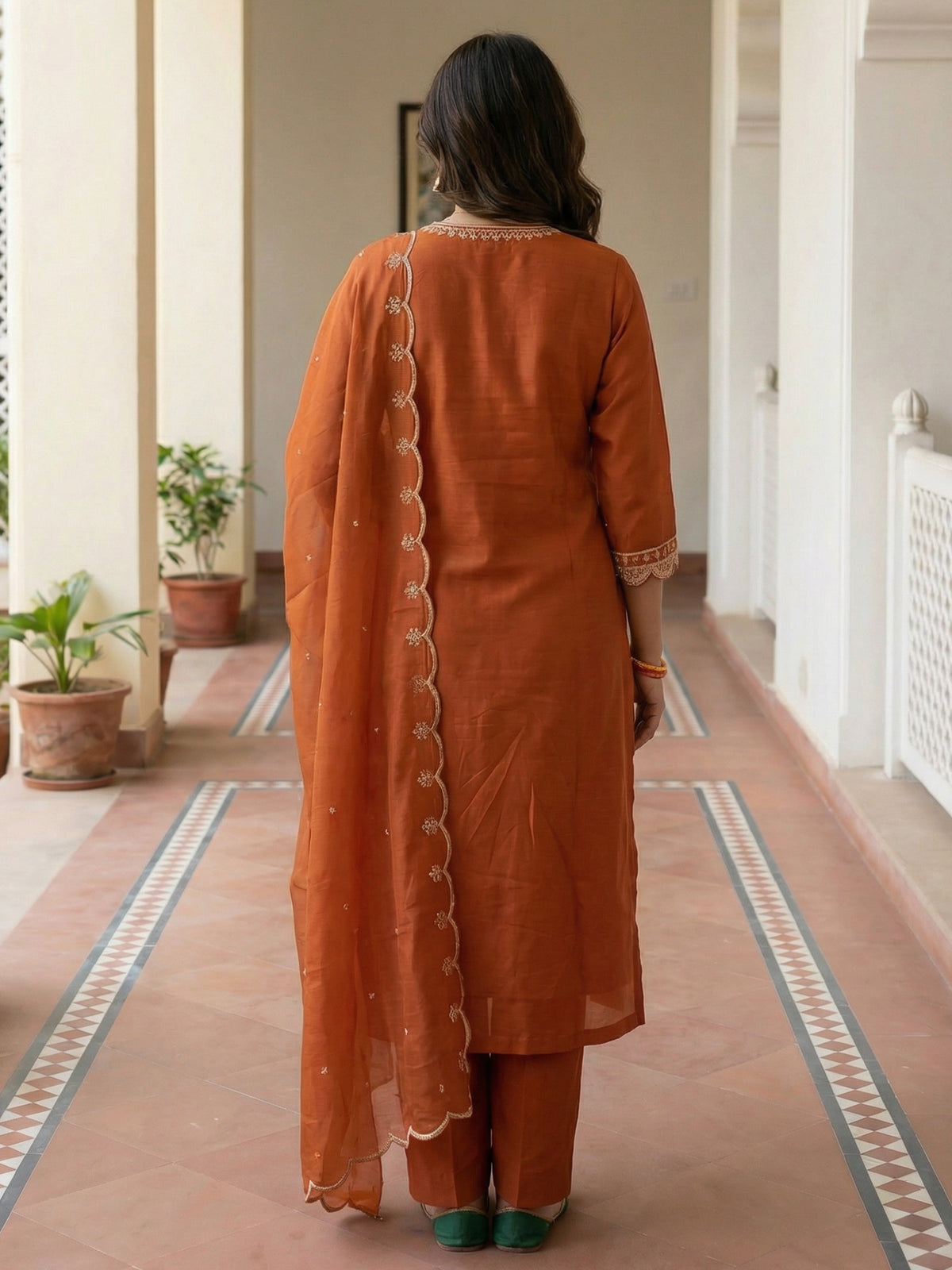 Rust Embroidered Straight Kurta Trousers With Dupatta Set