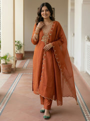 Rust Embroidered Straight Kurta Trousers With Dupatta Set
