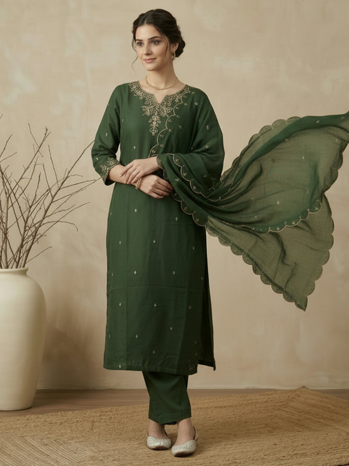 Green Embroidered Straight Kurta Trousers With Dupatta Set