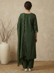 Green Embroidered Straight Kurta Trousers With Dupatta Set