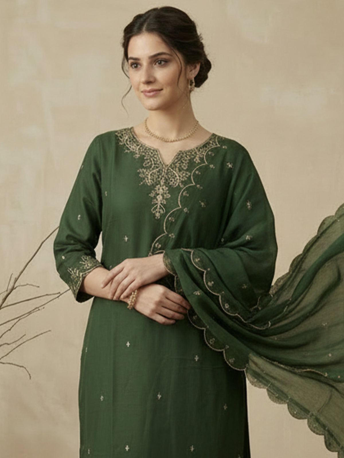 Green Embroidered Straight Kurta Trousers With Dupatta Set