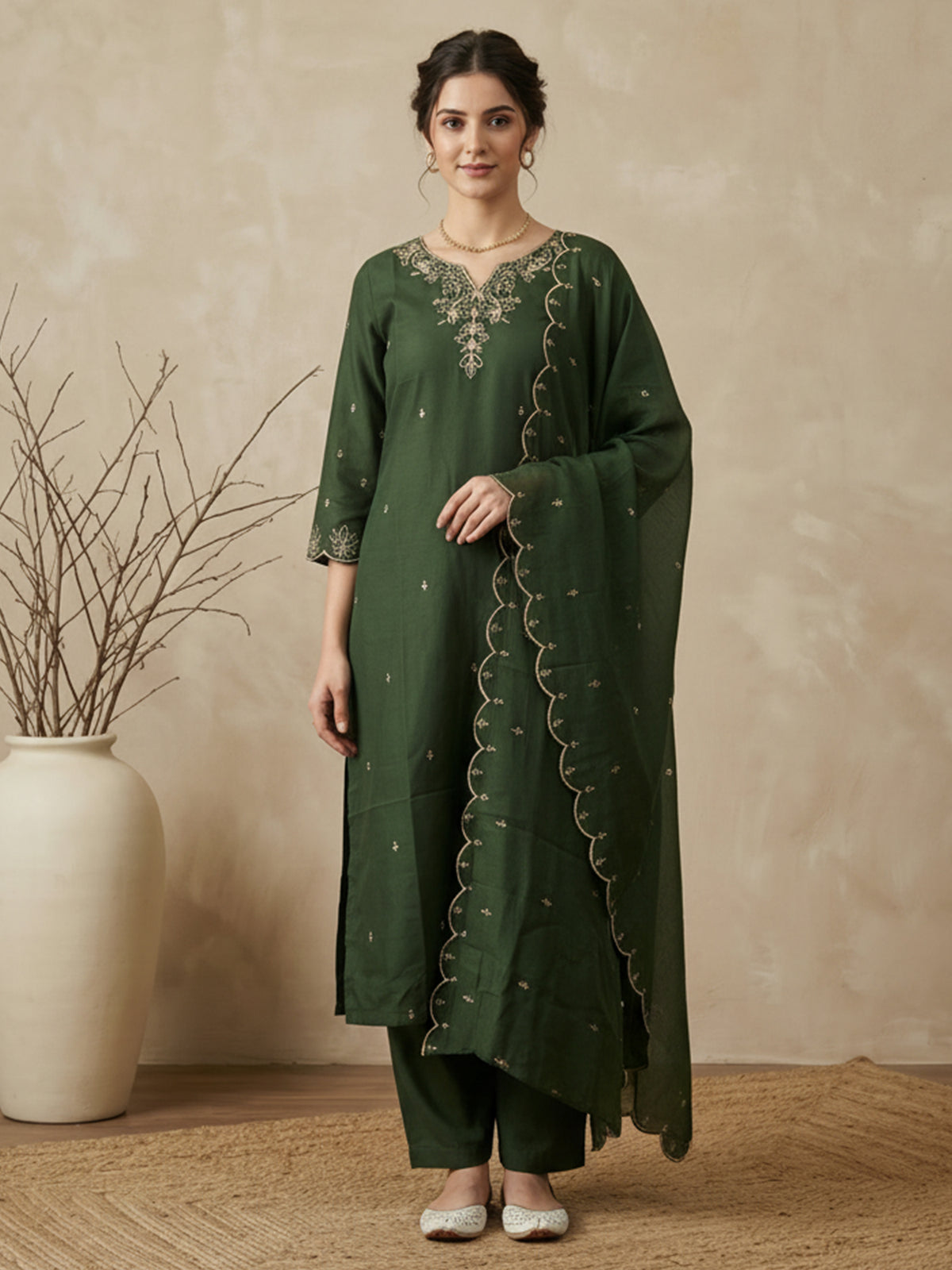 Green Embroidered Straight Kurta Trousers With Dupatta Set