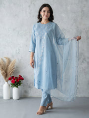 Blue Embroidered Straight Kurta Trousers With Dupatta Set