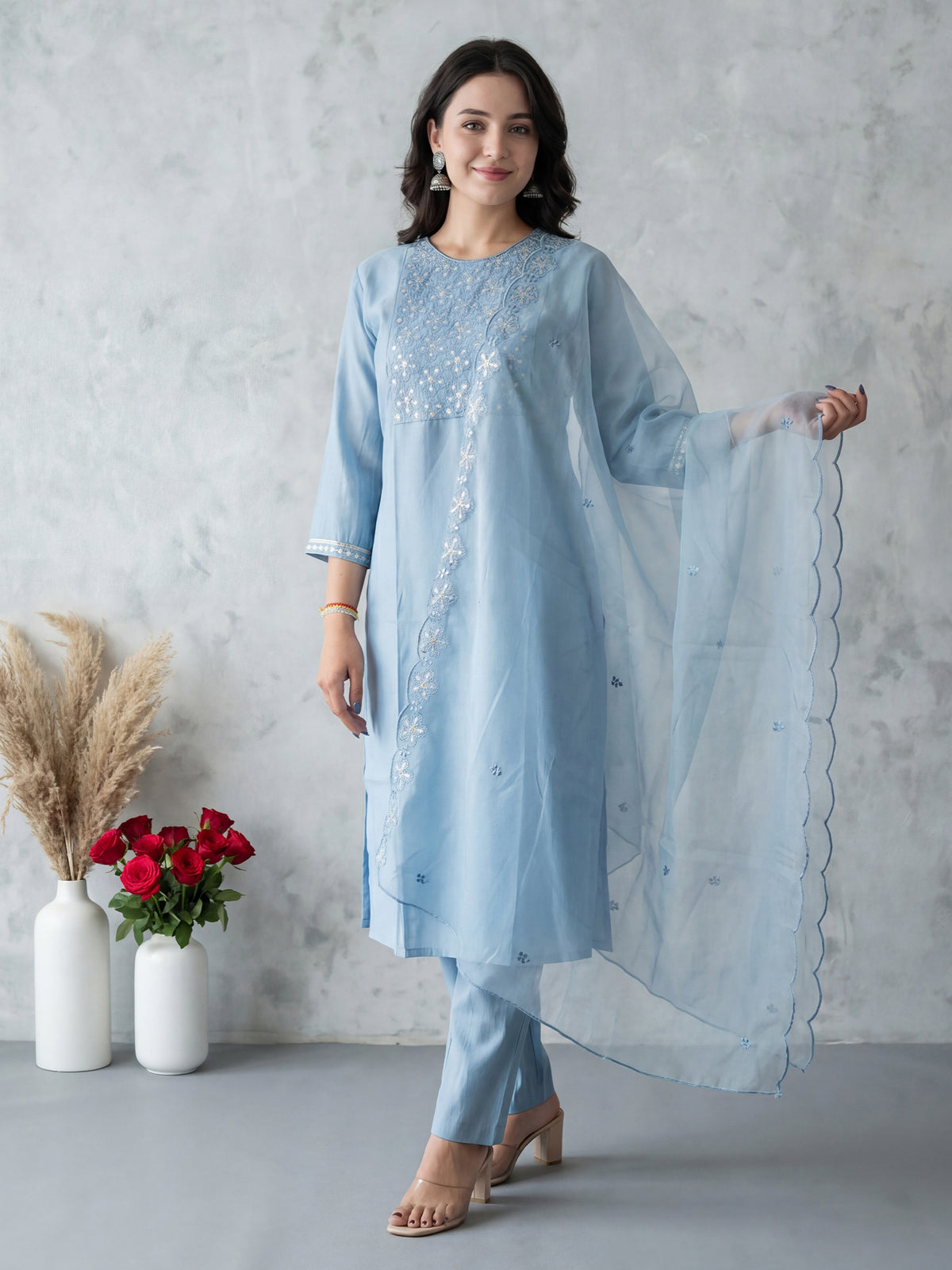 Blue Embroidered Straight Kurta Trousers With Dupatta Set