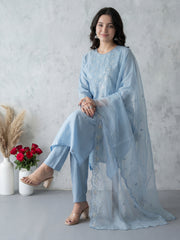 Blue Embroidered Straight Kurta Trousers With Dupatta Set