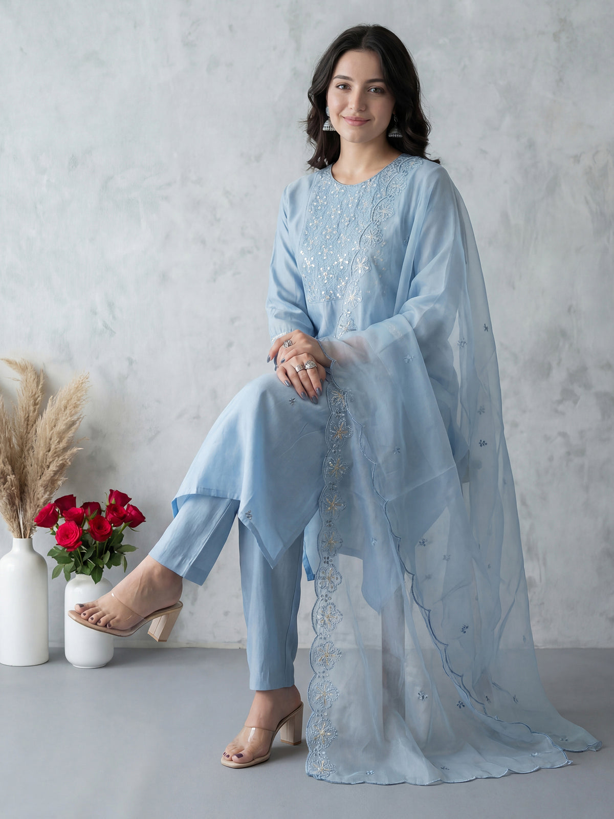 Blue Embroidered Straight Kurta Trousers With Dupatta Set