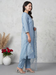 Blue Embroidered Straight Kurta Trousers With Dupatta Set