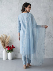 Blue Embroidered Straight Kurta Trousers With Dupatta Set