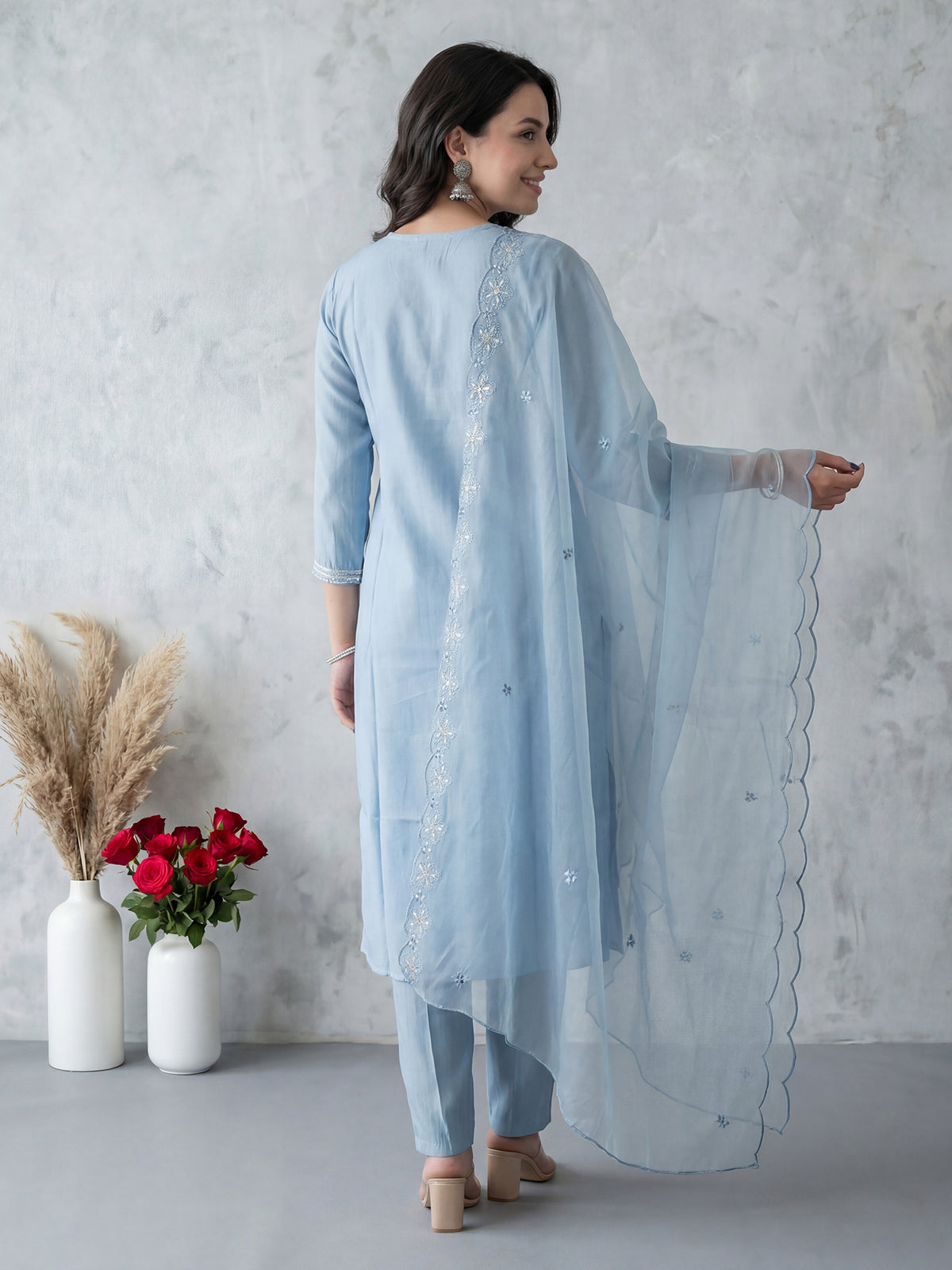 Blue Embroidered Straight Kurta Trousers With Dupatta Set