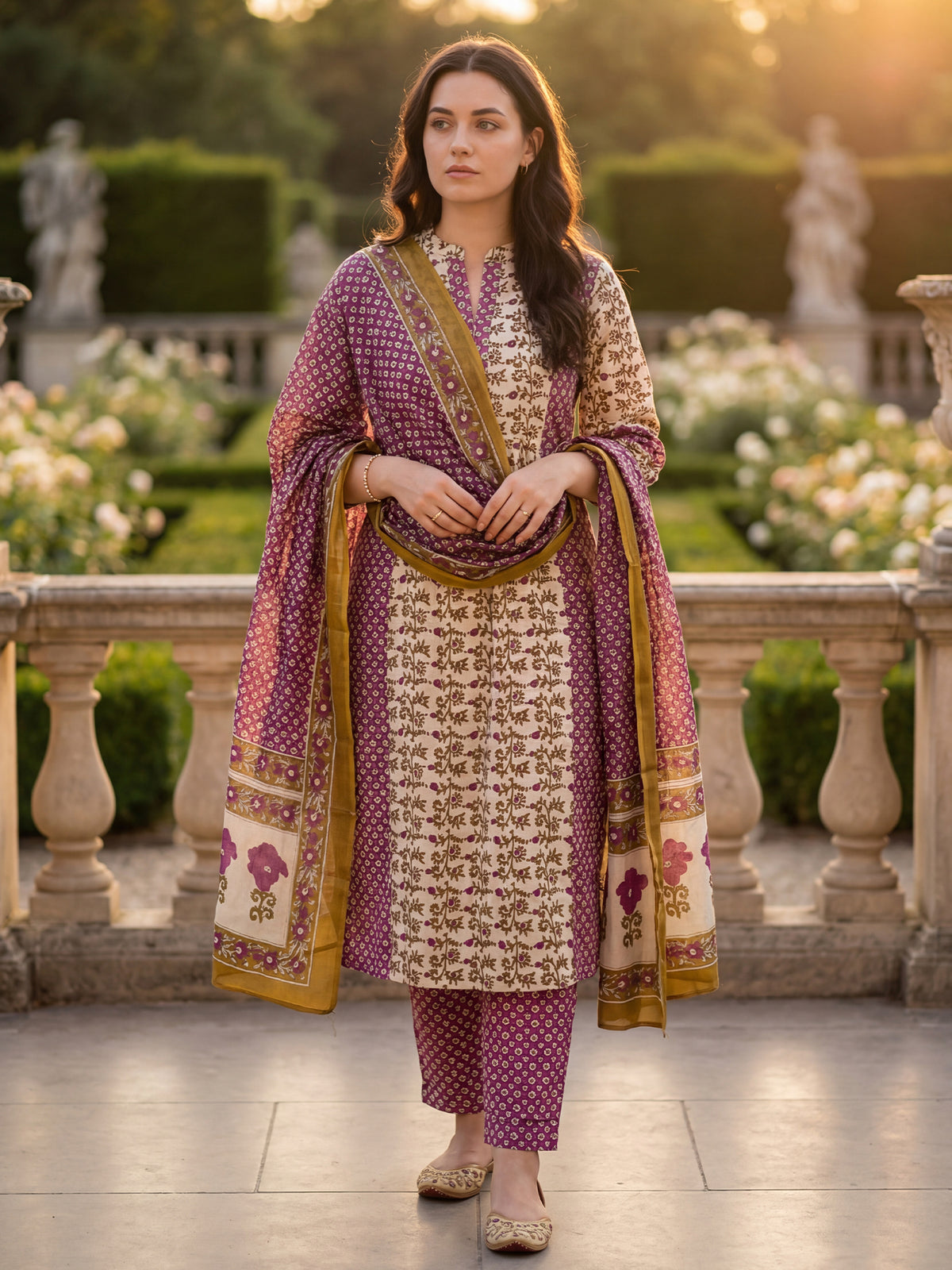 Purple Printed A-Line Kurta Trousers With Dupatta Set