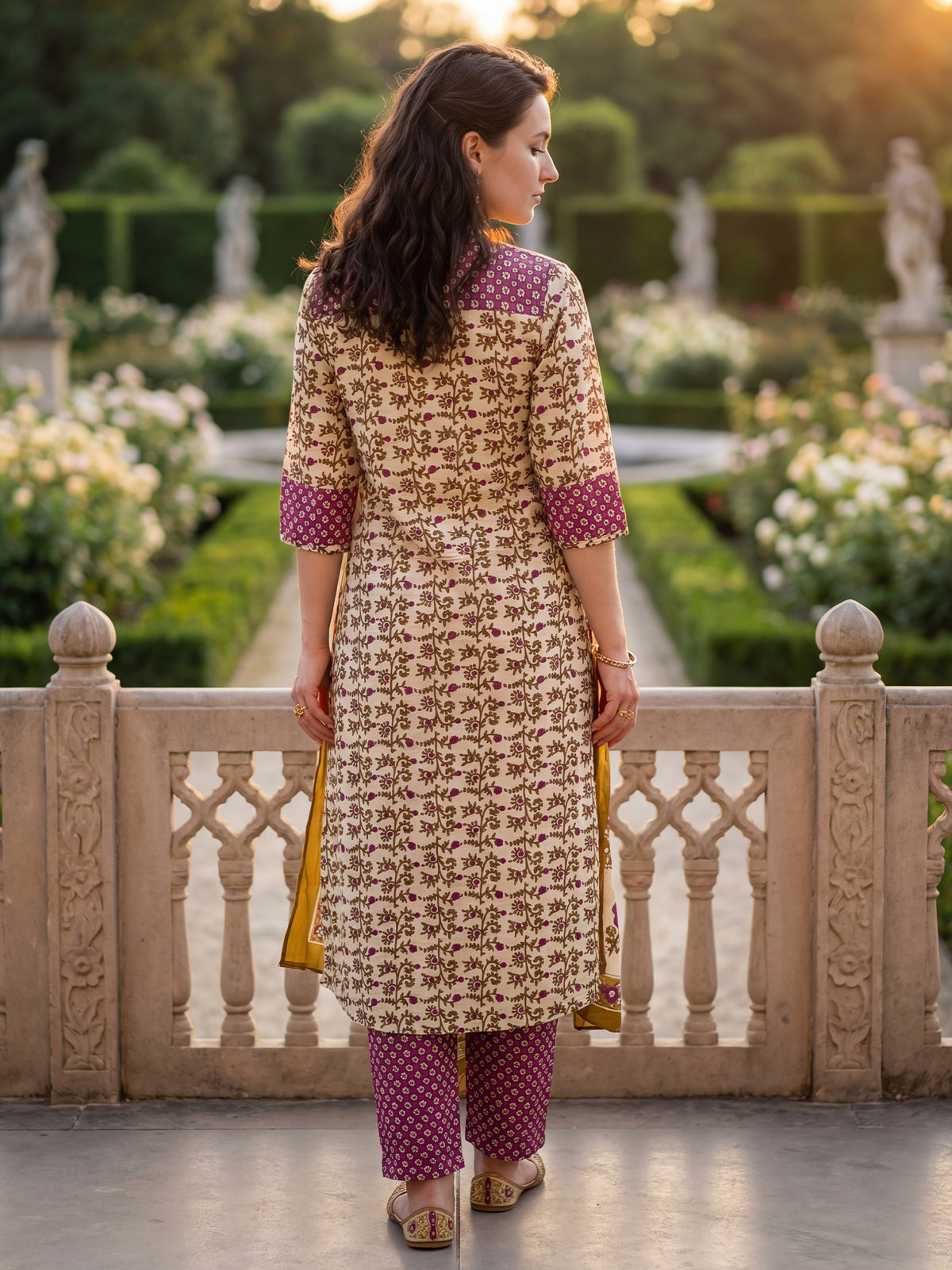 Purple Printed A-Line Kurta Trousers With Dupatta Set