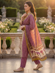 Purple Printed A-Line Kurta Trousers With Dupatta Set