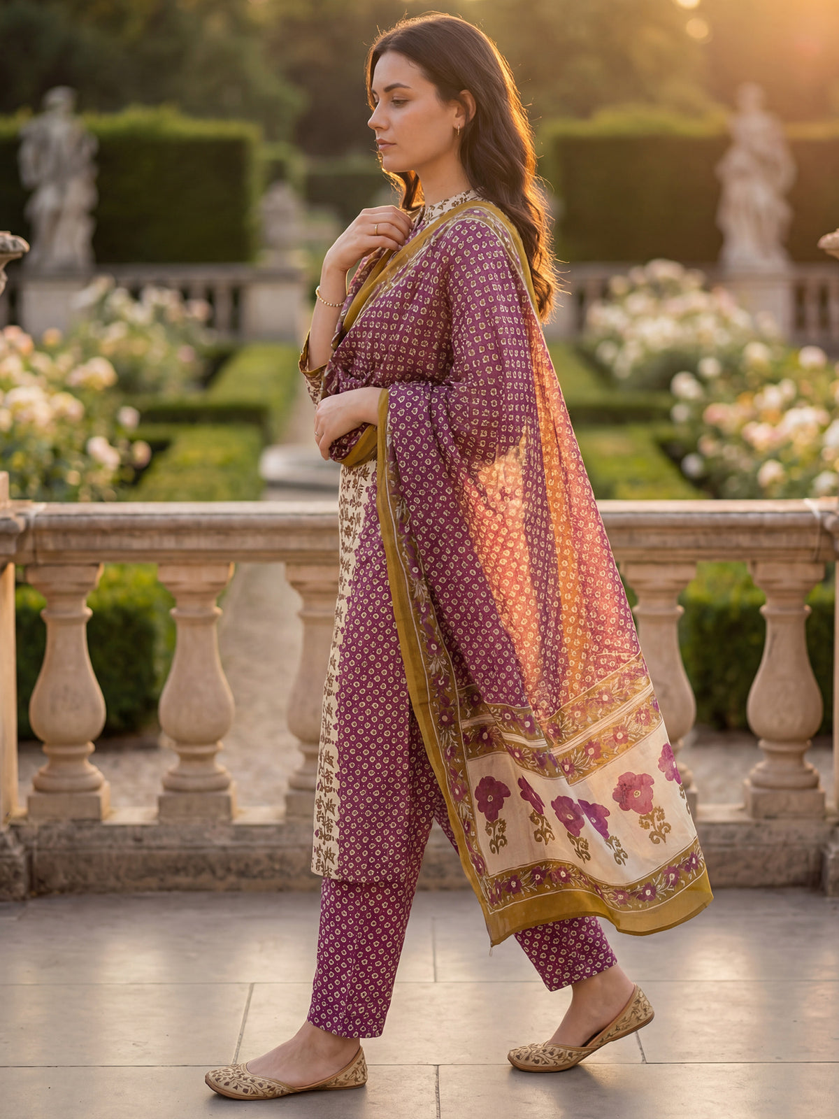 Purple Printed A-Line Kurta Trousers With Dupatta Set