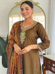 Olive Embroidered Straight Kurta Trousers With Dupatta Set