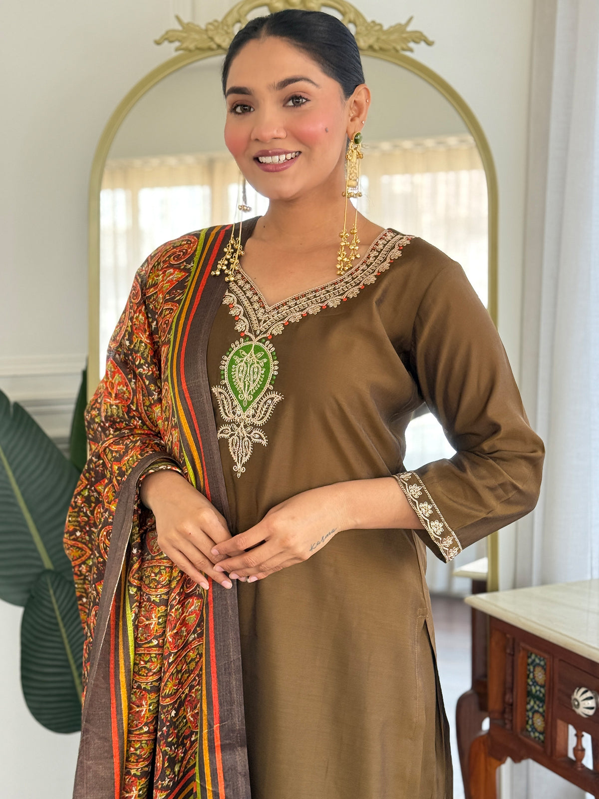 Olive Embroidered Straight Kurta Trousers With Dupatta Set