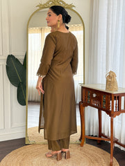 Olive Embroidered Straight Kurta Trousers With Dupatta Set