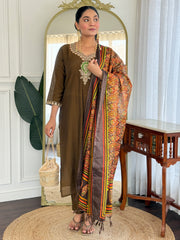 Olive Embroidered Straight Kurta Trousers With Dupatta Set