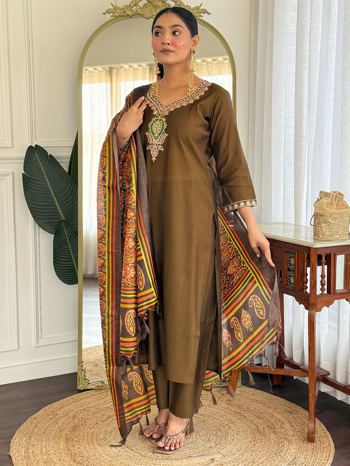 Olive Embroidered Straight Kurta Trousers With Dupatta Set