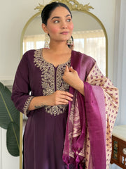 Burgundy Embroidered Straight Kurta Trousers With Dupatta Set