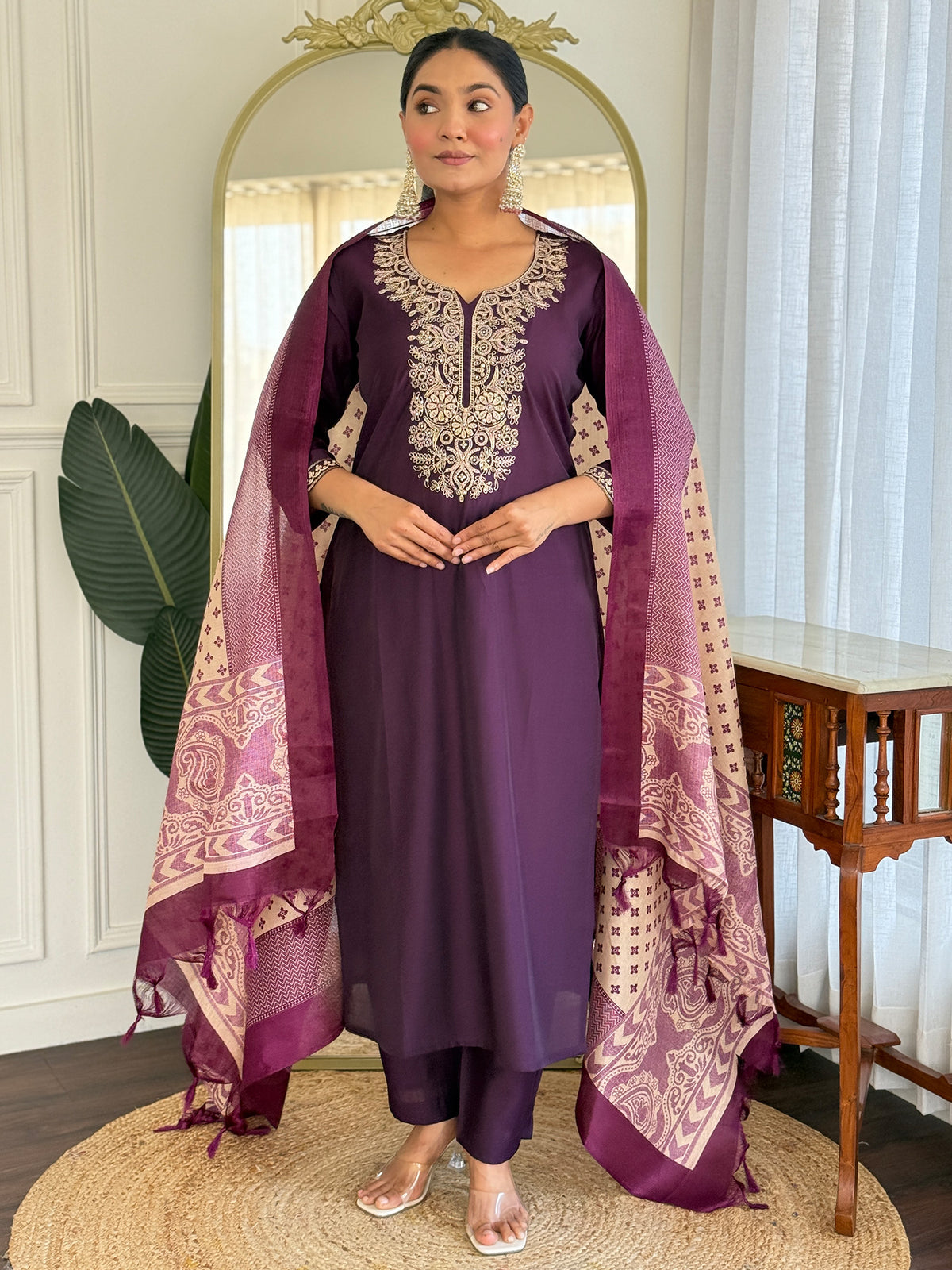 Burgundy Embroidered Straight Kurta Trousers With Dupatta Set