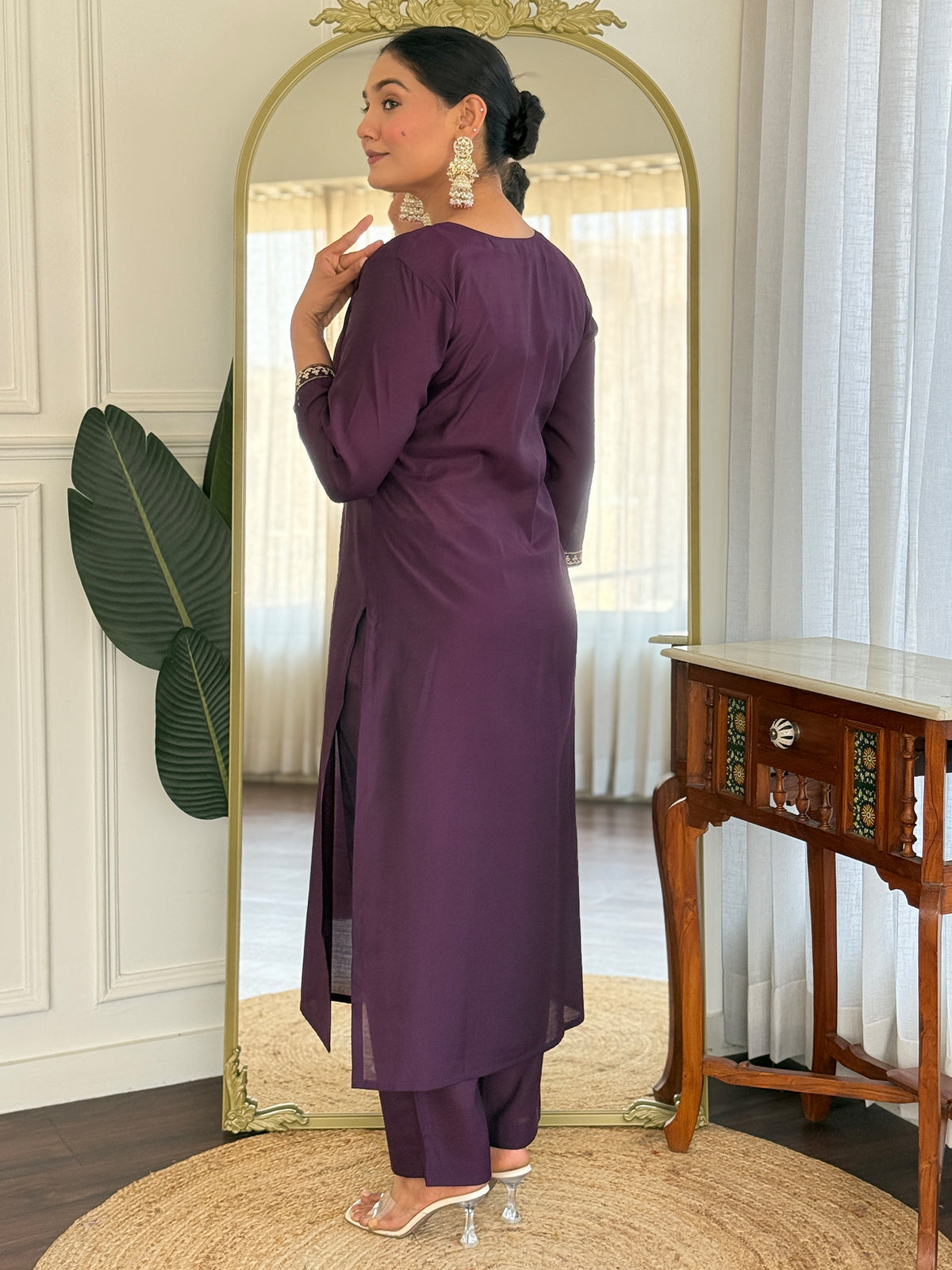 Burgundy Embroidered Straight Kurta Trousers With Dupatta Set